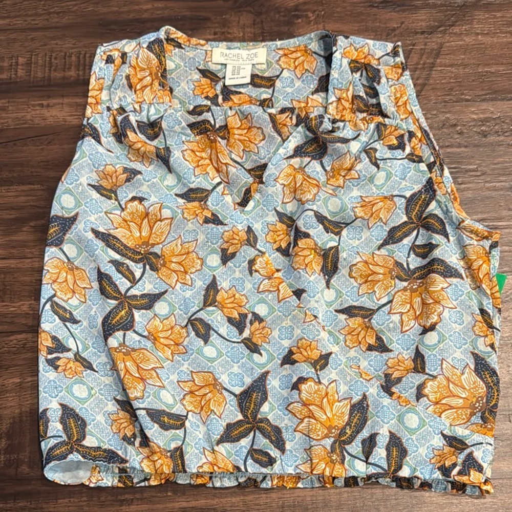 Rachel Zoe Floral Sleeveless Orange Blue and Brown Spring Blouse Top - Picture 8 of 8